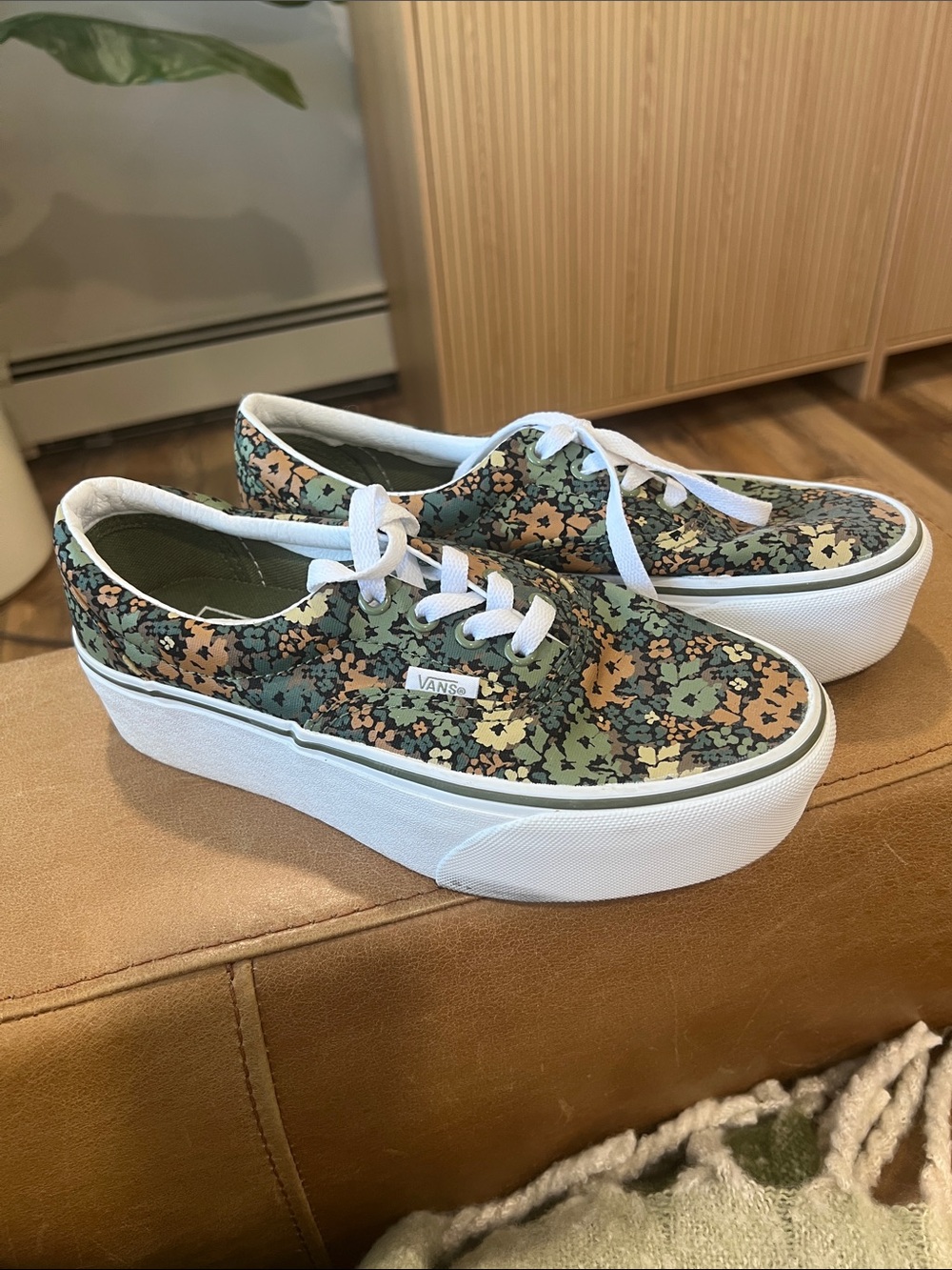 Vans Floral Platform Lace-Up Sneakers in Green, Tan, White